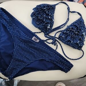 Black Poppy Designer Blue White Polka Dot Swimwear Triangle Top Bikini Set sz M